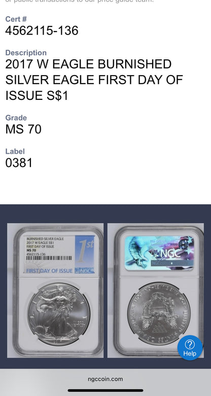 Burnished 2017 (W) $1 American Silver Eagle NGC MS70 FDOI Classic Blue Label Mint!