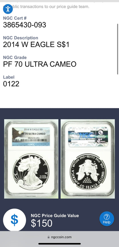 Proof 2014 (W) $1 American Silver Eagle NGC PF70 Eagle Label New Holder (1 of 9,437)