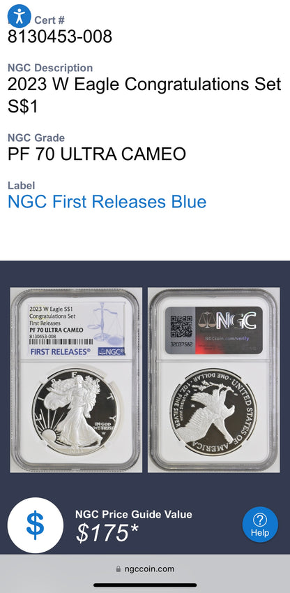 Proof 2023 (W) $1 American Silver Eagle NGC PF70 First Releases Congratulations Set Modern Blue Label (1 of 433)