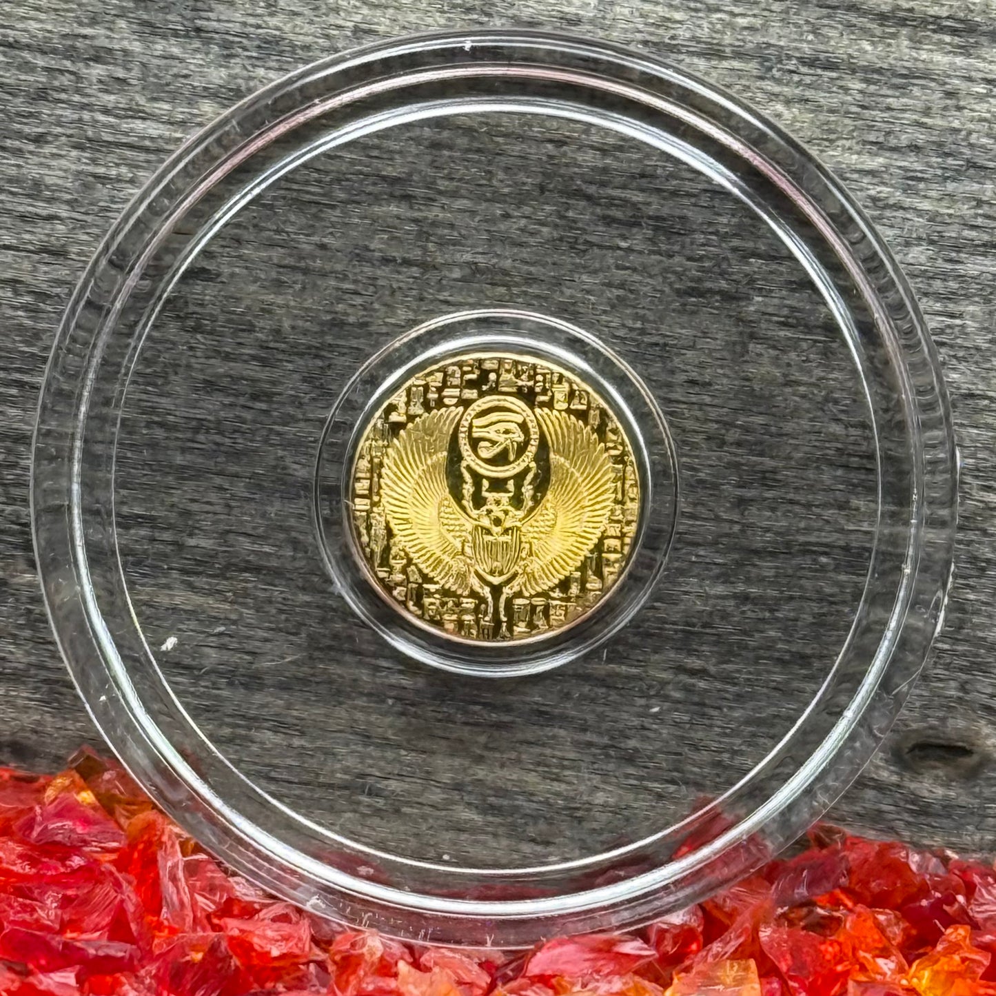 1/200 oz .9999 Fine Gold Bullion Egyptian Scarab by Monarch Precious Metals Proof Like Finish, Capsule & One World Coin