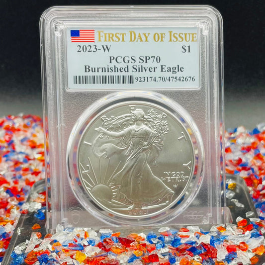 Burnished 2023 (W) $1 American Silver Eagle PCGS SP70 First Day of Issue American Flag Label (1 of 1,869)