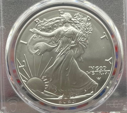 Burnished 2023 (W) $1 American Silver Eagle PCGS SP70 First Day of Issue American Flag Label (1 of 1,869)