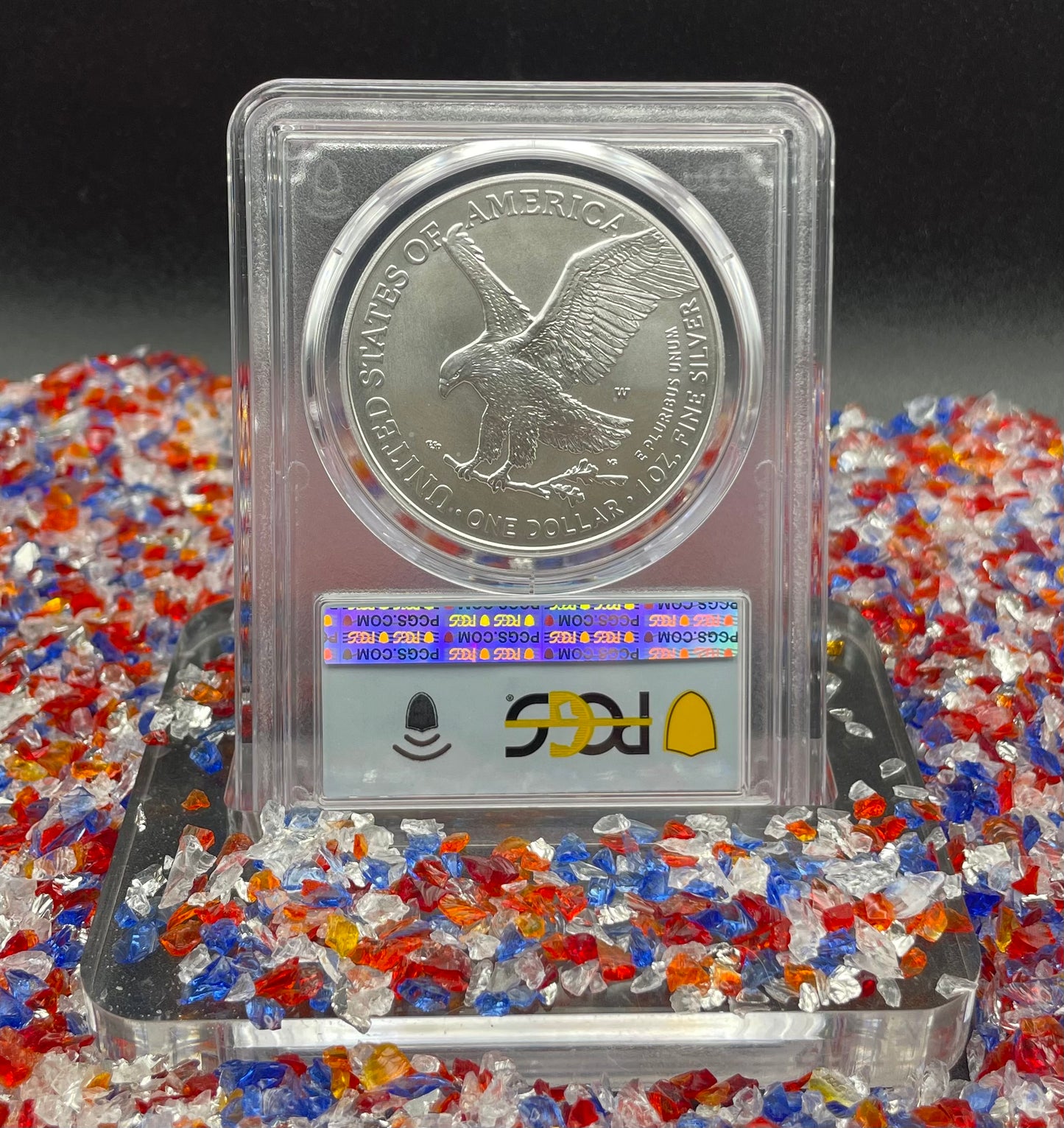 Burnished 2023 (W) $1 American Silver Eagle PCGS SP70 First Day of Issue American Flag Label (1 of 1,869)