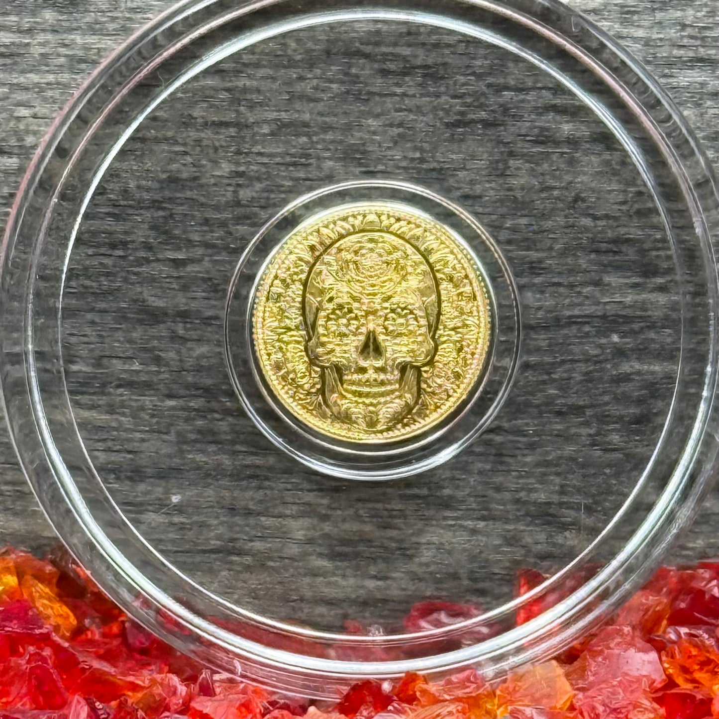 1/200 oz .9999 Fine Gold Bullion Day of the Dead Rose Skull by Monarch Precious Metals Proof Like Finish, Capsule & One World Coin