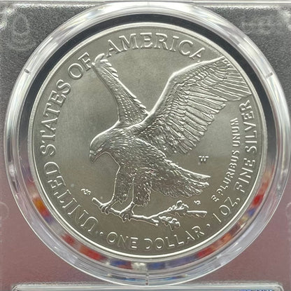 Burnished 2023 (W) $1 American Silver Eagle PCGS SP70 First Day of Issue American Flag Label (1 of 1,869)