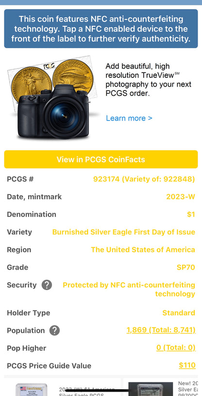 Burnished 2023 (W) $1 American Silver Eagle PCGS SP70 First Day of Issue American Flag Label (1 of 1,869)