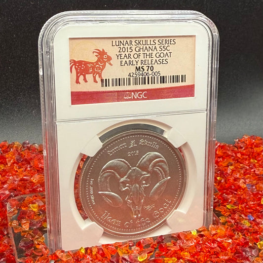 2015 1 oz Ghana Silver 5 Cedis NGC MS70 Lunar Skulls Year of the Goat Red Label Antique Finish (1 of 55) Mint!