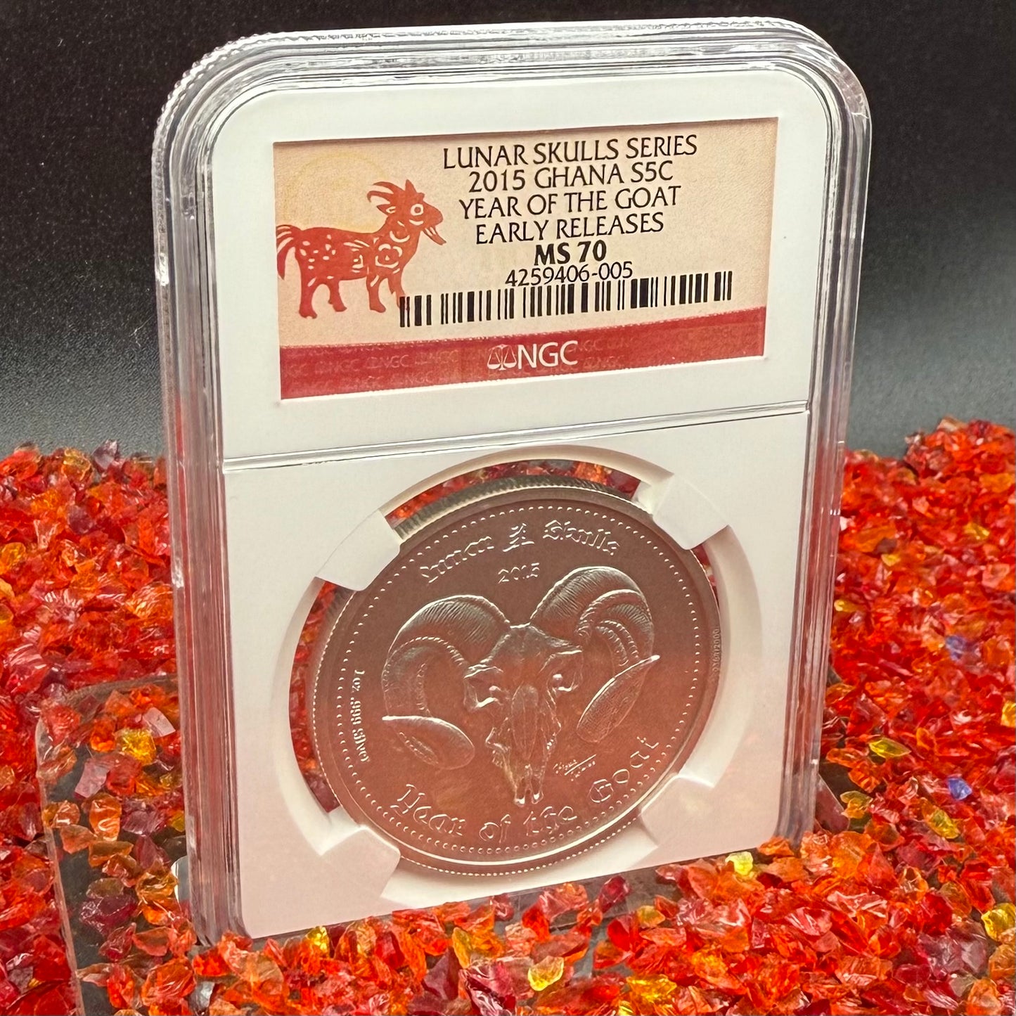 2015 1 oz Ghana Silver 5 Cedis NGC MS70 Lunar Skulls Year of the Goat Red Label Antique Finish (1 of 55) Mint!