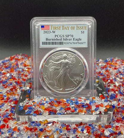 Burnished 2023 (W) $1 American Silver Eagle PCGS SP70 First Day of Issue American Flag Label (1 of 1,869)