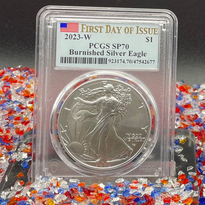 Burnished 2023 (W) $1 American Silver Eagle PCGS SP70 First Day of Issue American Flag Label (1 of 1,869)