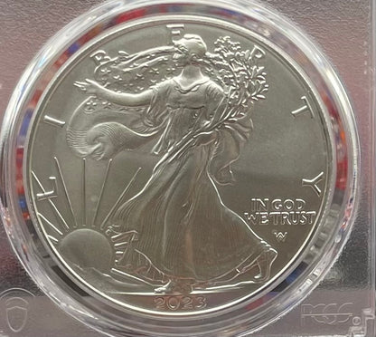 Burnished 2023 (W) $1 American Silver Eagle PCGS SP70 First Day of Issue American Flag Label (1 of 1,869)