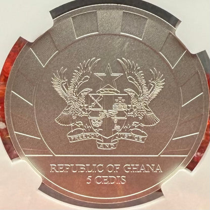 2015 1 oz Ghana Silver 5 Cedis NGC MS70 Lunar Skulls Year of the Goat Red Label Antique Finish (1 of 55) Mint!