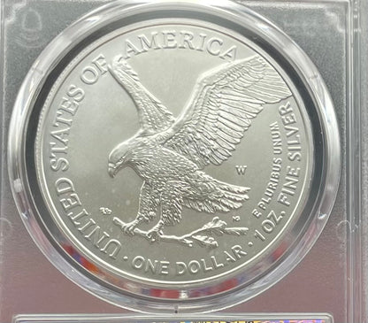 Burnished 2023 (W) $1 American Silver Eagle PCGS SP70 First Day of Issue American Flag Label (1 of 1,869)
