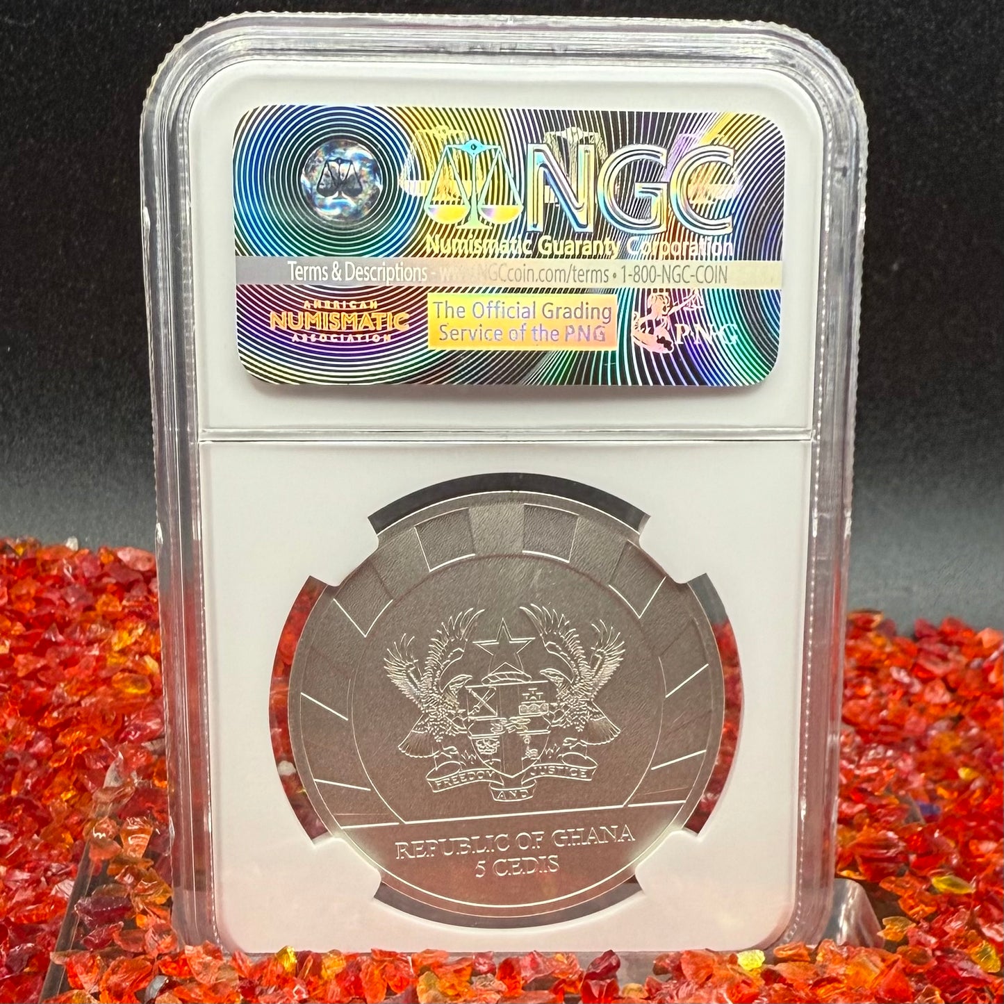 2015 1 oz Ghana Silver 5 Cedis NGC MS70 Lunar Skulls Year of the Goat Red Label Antique Finish (1 of 55) Mint!