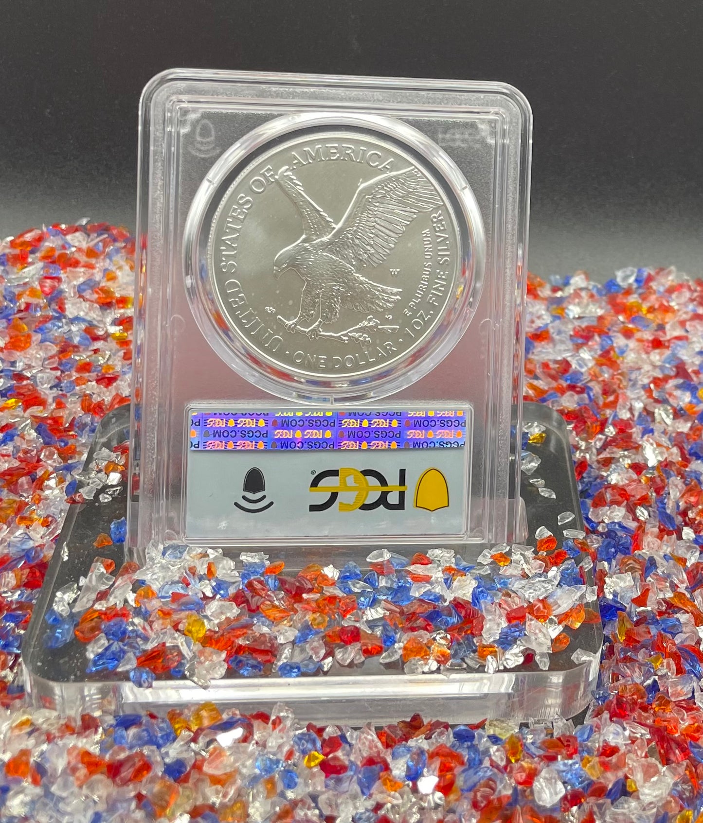 Burnished 2023 (W) $1 American Silver Eagle PCGS SP70 First Day of Issue American Flag Label (1 of 1,869)