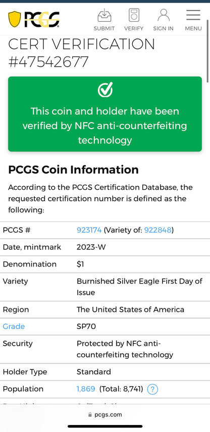 Burnished 2023 (W) $1 American Silver Eagle PCGS SP70 First Day of Issue American Flag Label (1 of 1,869)