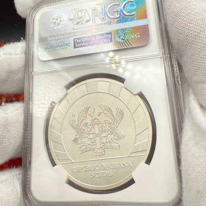 2015 1 oz Ghana Silver 5 Cedis NGC MS70 Lunar Skulls Year of the Goat Red Label Antique Finish (1 of 55) Mint!