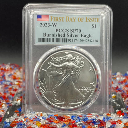 Burnished 2023 (W) $1 American Silver Eagle PCGS SP70 First Day of Issue American Flag Label Mint Condition (1 of 1,869)