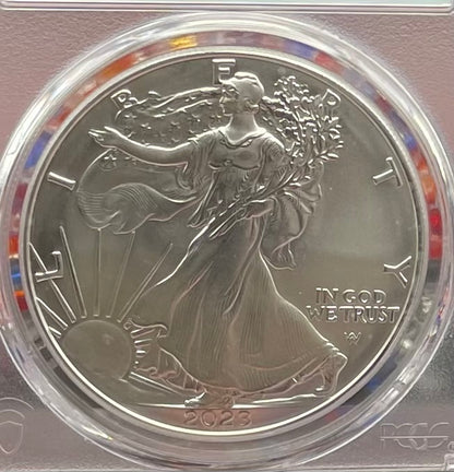 Burnished 2023 (W) $1 American Silver Eagle PCGS SP70 First Day of Issue American Flag Label Mint Condition (1 of 1,869)