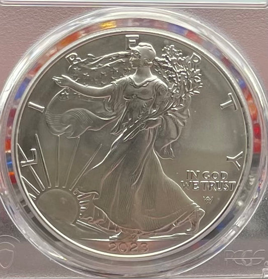 Burnished 2023 (W) $1 American Silver Eagle PCGS SP70 First Day of Issue American Flag Label Mint Condition (1 of 1,869)