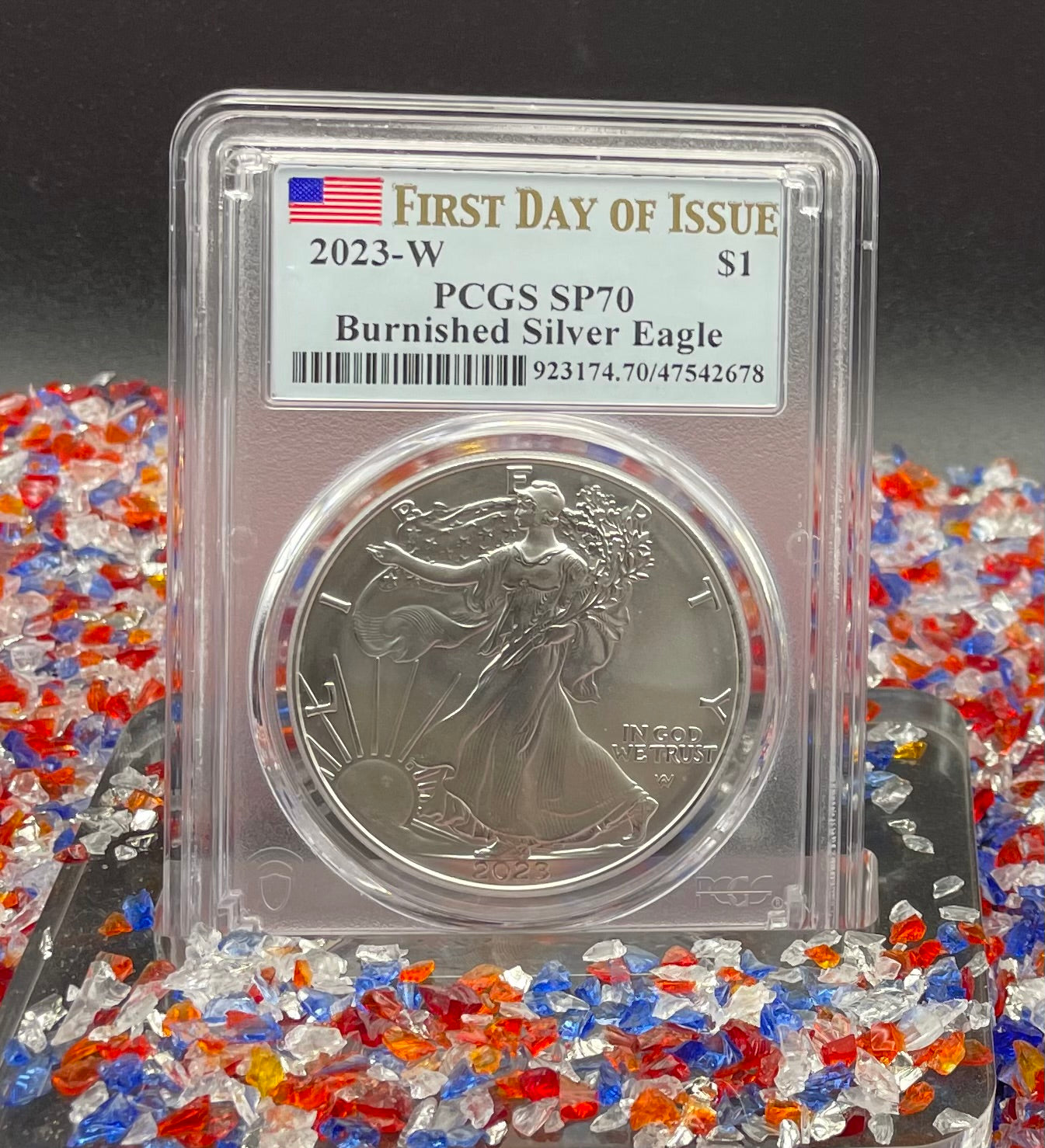 Burnished 2023 (W) $1 American Silver Eagle PCGS SP70 First Day of Issue American Flag Label Mint Condition (1 of 1,869)