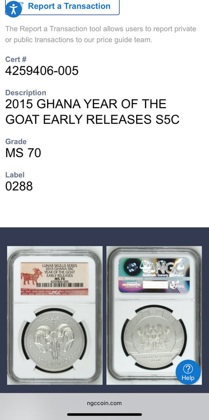 2015 1 oz Ghana Silver 5 Cedis NGC MS70 Lunar Skulls Year of the Goat Red Label Antique Finish (1 of 55) Mint!