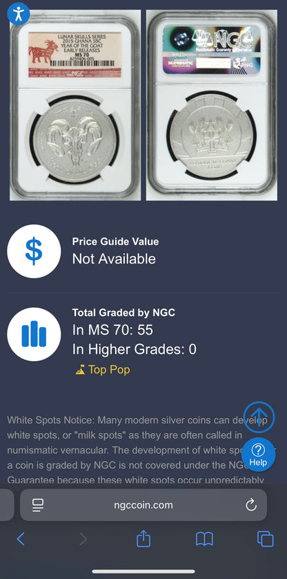 2015 1 oz Ghana Silver 5 Cedis NGC MS70 Lunar Skulls Year of the Goat Red Label Antique Finish (1 of 55) Mint!