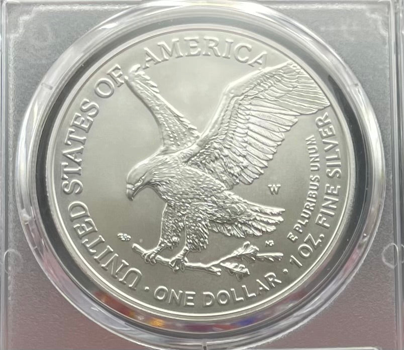 Burnished 2023 (W) $1 American Silver Eagle PCGS SP70 First Day of Issue American Flag Label Mint Condition (1 of 1,869)