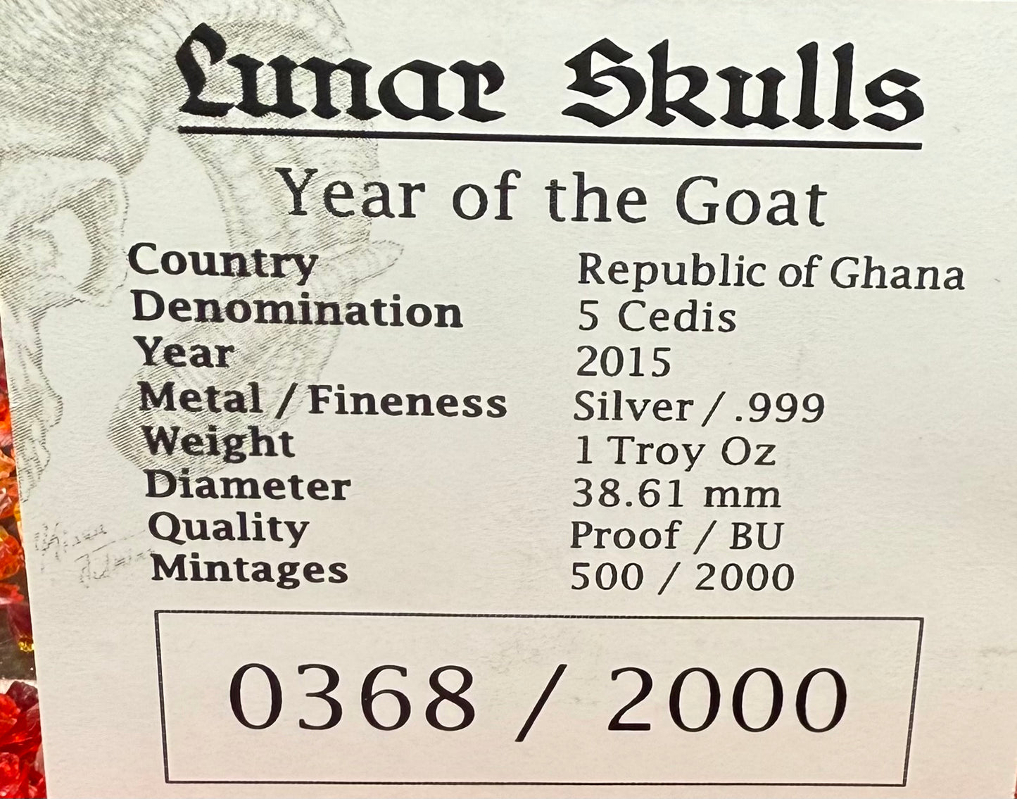 2015 1 oz Ghana Silver 5 Cedis NGC MS70 Lunar Skulls Year of the Goat Red Label Antique Finish (1 of 55) Mint!