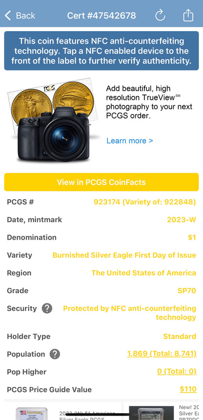 Burnished 2023 (W) $1 American Silver Eagle PCGS SP70 First Day of Issue American Flag Label Mint Condition (1 of 1,869)