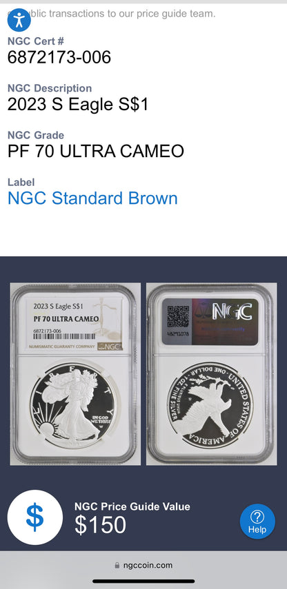 Proof 2023 (S) $1 American Silver Eagle NGC PF70 Brown Label Mint Condition (1 of 1,939)