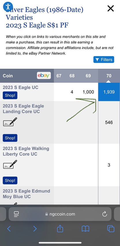 Proof 2023 (S) $1 American Silver Eagle NGC PF70 Brown Label Mint Condition (1 of 1,939)