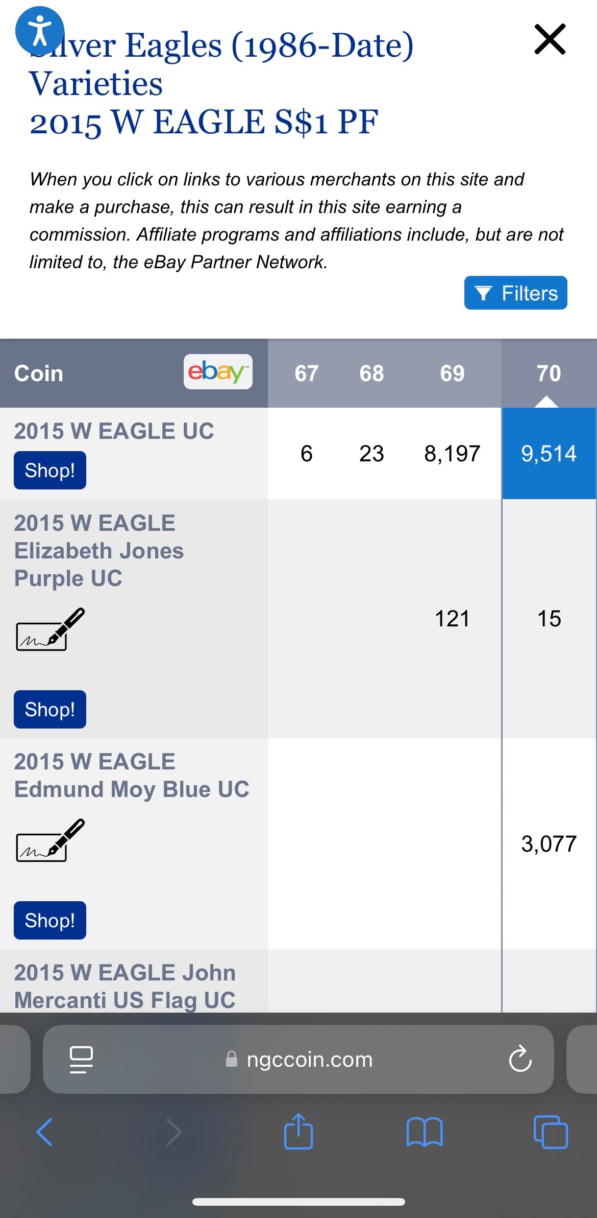 Proof 2015 (W) $1 American Silver Eagle NGC PF70 Classic Brown Label Mint Condition ( 1 of 9,548)