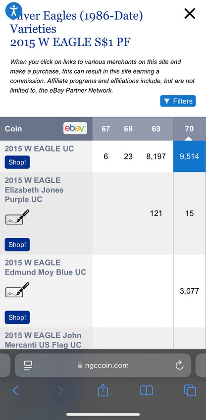 Proof 2015 (W) $1 American Silver Eagle NGC PF70 Classic Brown Label Mint Condition ( 1 of 9,548)