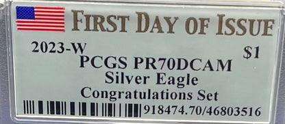 Proof 2023 (W) $1 American Silver Eagle PCGS PR70DCAM FDOI American Flag Label Congratulations Set. Mint Condition (1 of 695)
