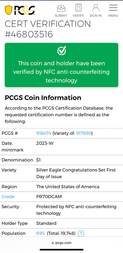 Proof 2023 (W) $1 American Silver Eagle PCGS PR70DCAM FDOI American Flag Label Congratulations Set. Mint Condition (1 of 695)