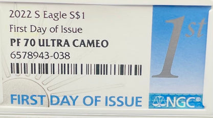 Proof 2022 (S) $1 American Silver Eagle NGC PF70 FDOI Label White Core Mint Condition (1 of 3,825)