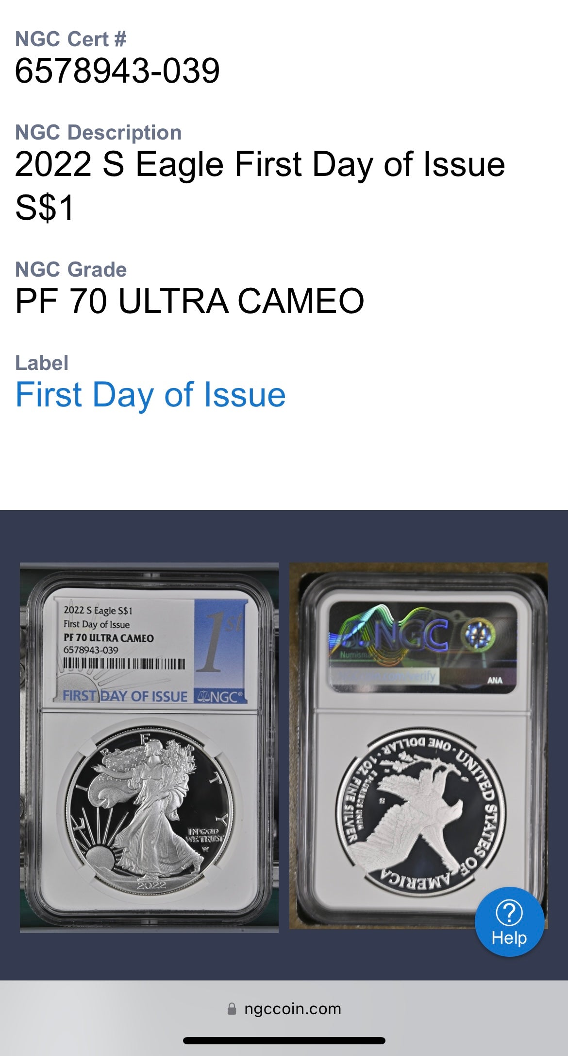 Proof 2022 (S) $1 American Silver Eagle NGC PF70 FDOI Label White Core Mint Condition (1 of 3,825)