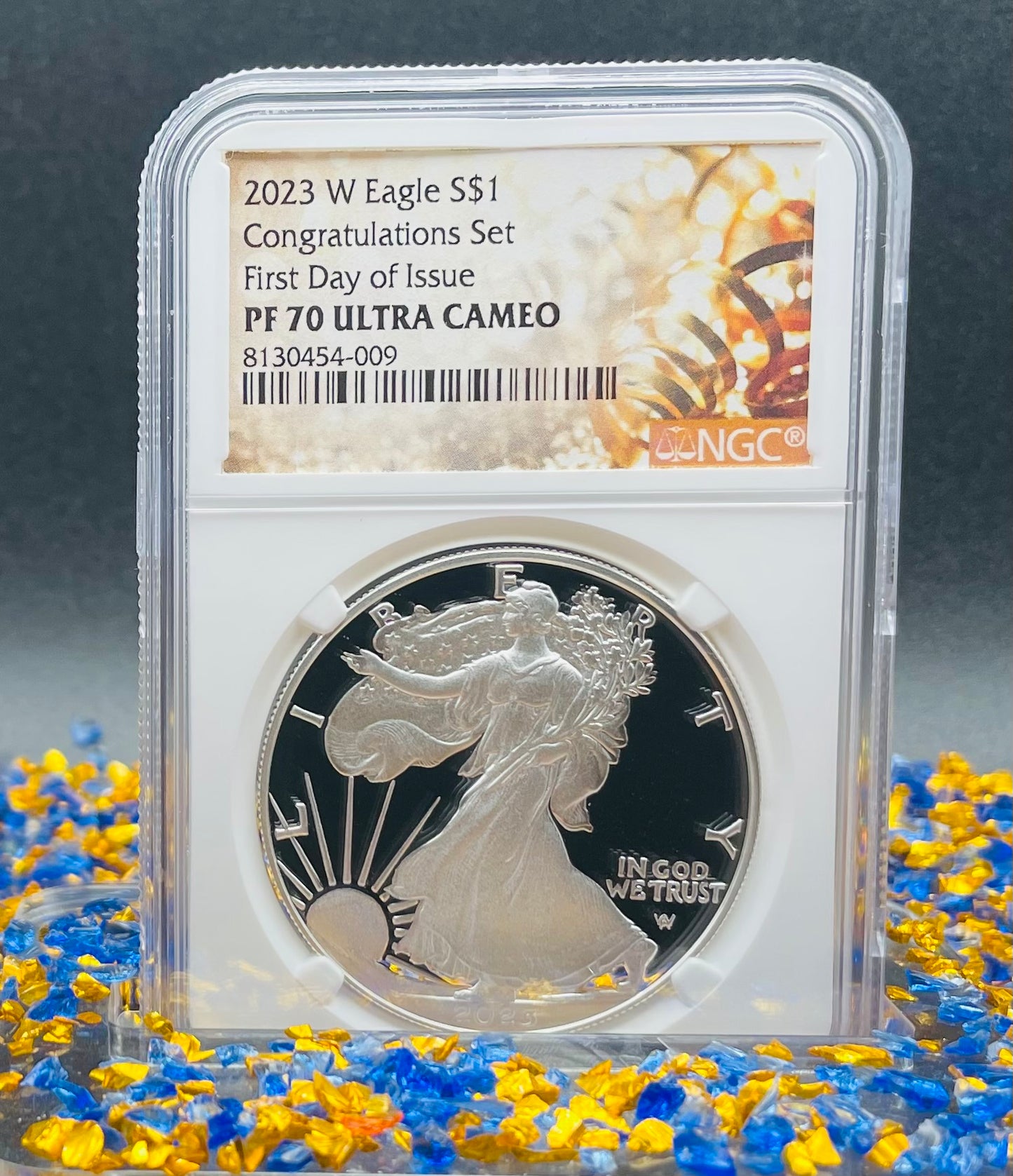Proof 2023 (W) $1 American Silver Eagle NGC PF70 First Day of Issue Congratulations Set Confetti Label (1 of 2,264)