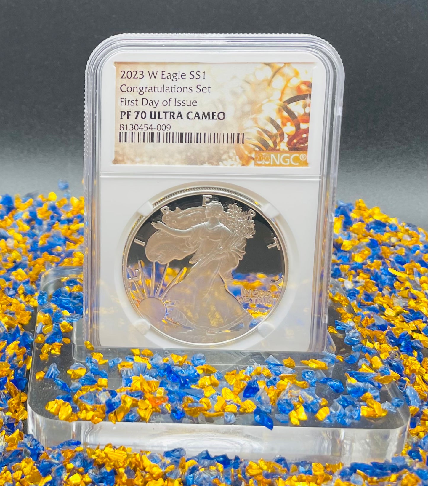 Proof 2023 (W) $1 American Silver Eagle NGC PF70 First Day of Issue Congratulations Set Confetti Label (1 of 2,264)