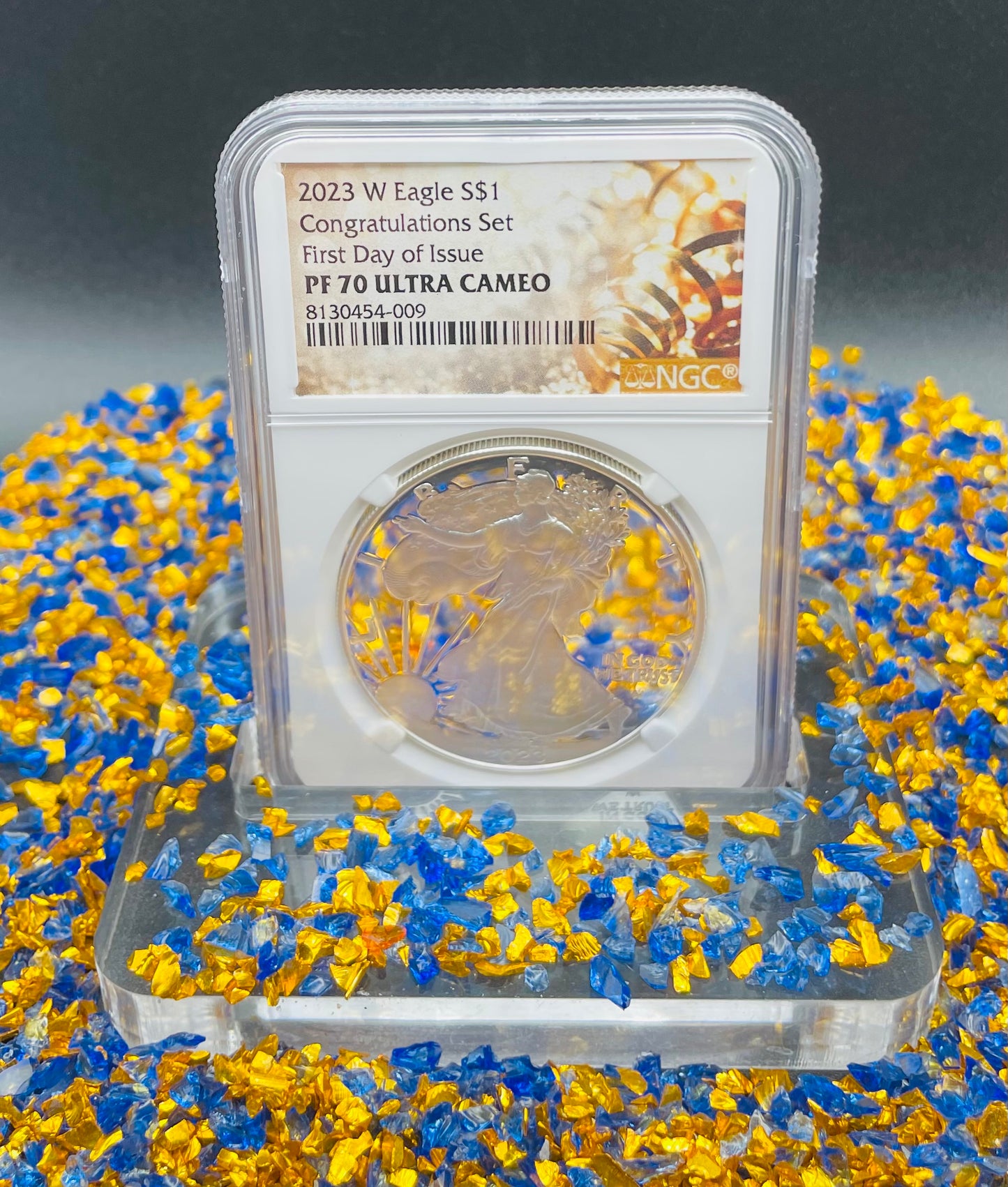 Proof 2023 (W) $1 American Silver Eagle NGC PF70 First Day of Issue Congratulations Set Confetti Label (1 of 2,264)