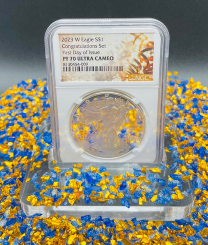 Proof 2023 (W) $1 American Silver Eagle NGC PF70 First Day of Issue Congratulations Set Confetti Label (1 of 2,264)