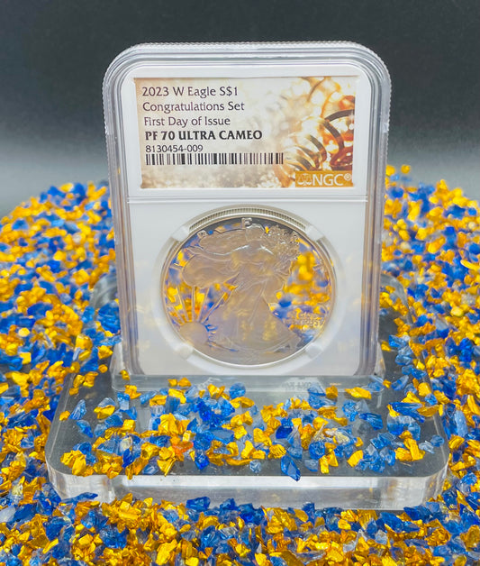 Proof 2023 (W) $1 American Silver Eagle NGC PF70 First Day of Issue Congratulations Set Confetti Label (1 of 2,264)