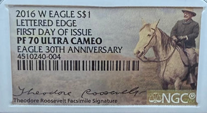 2016 W $1 American Silver Eagle NGC PF70UC FDOI Roosevelt Signed Mint Rare!