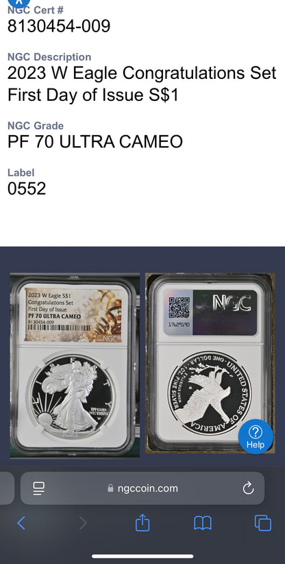 Proof 2023 (W) $1 American Silver Eagle NGC PF70 First Day of Issue Congratulations Set Confetti Label (1 of 2,264)