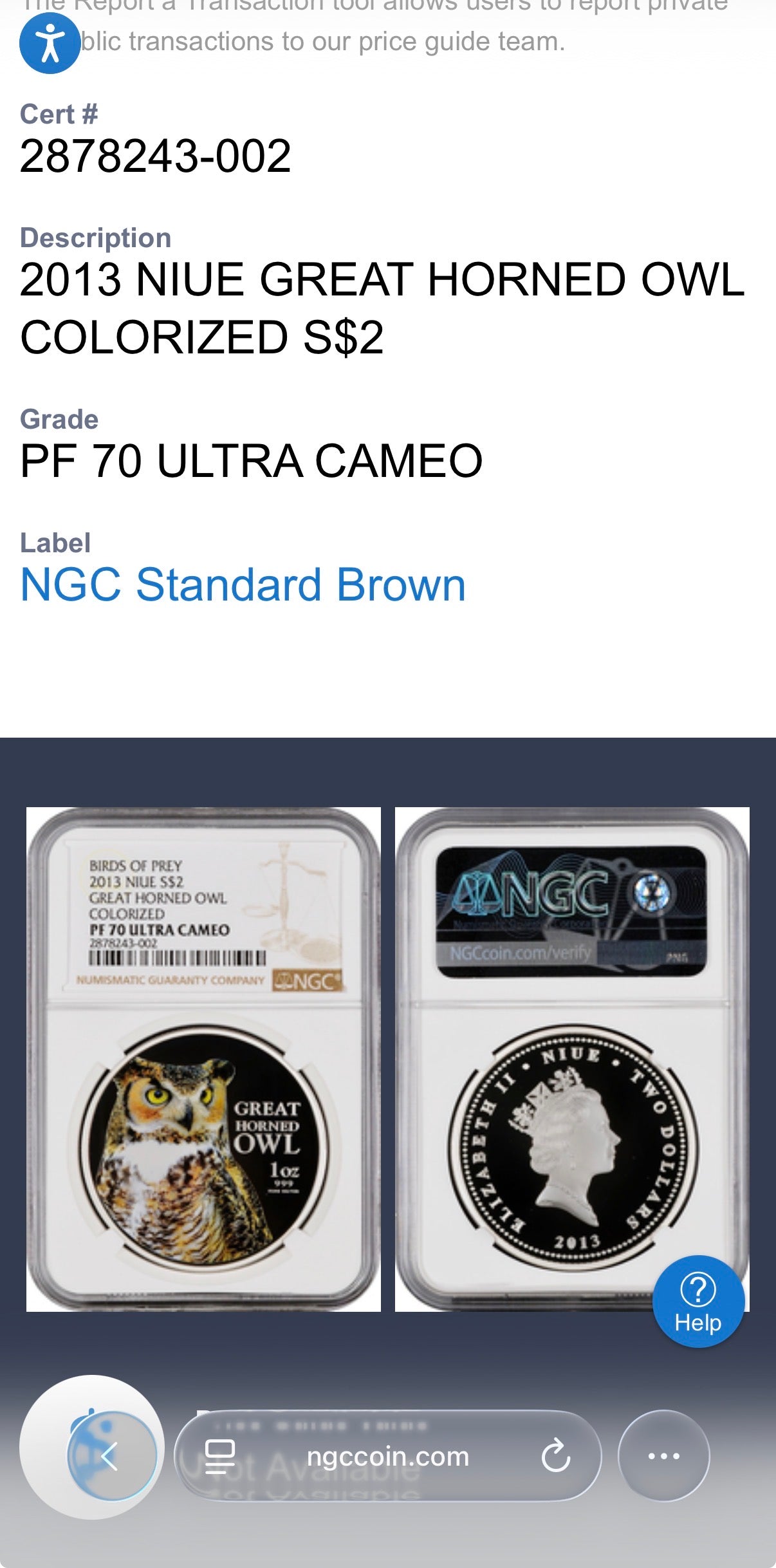 2013 Niue Silver Dollar $2 NGC PF70UC Birds of Prey - Great Horned Owl Colorized (1 of 10) Mint