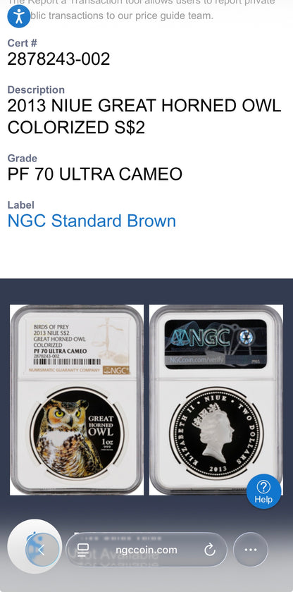 2013 Niue Silver Dollar $2 NGC PF70UC Birds of Prey - Great Horned Owl Colorized (1 of 10) Mint