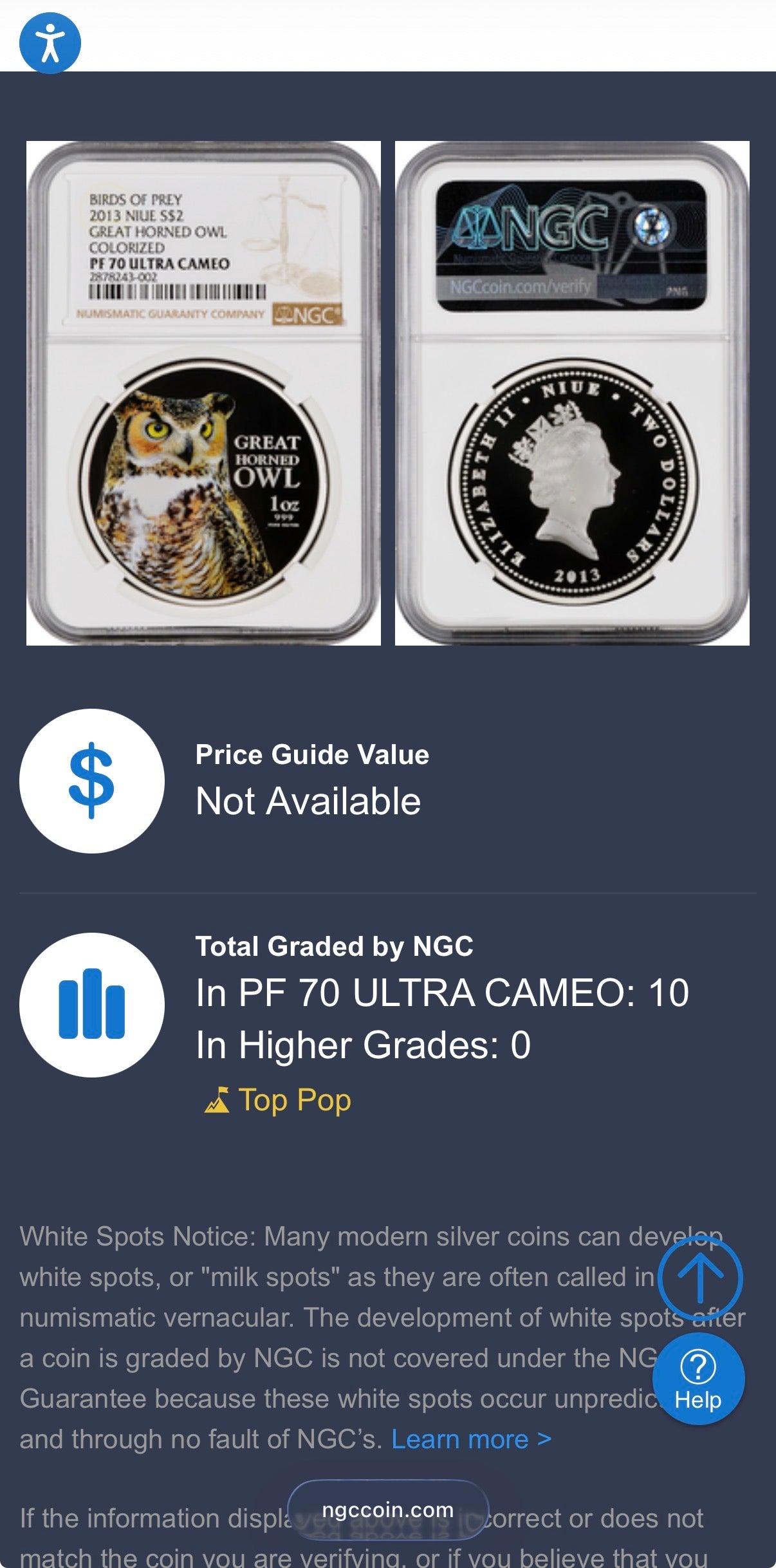 2013 Niue Silver Dollar $2 NGC PF70UC Birds of Prey - Great Horned Owl Colorized (1 of 10) Mint