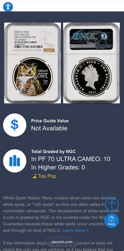 2013 Niue Silver Dollar $2 NGC PF70UC Birds of Prey - Great Horned Owl Colorized (1 of 10) Mint