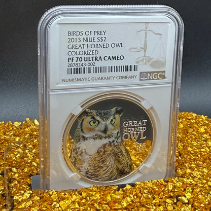 2013 Niue Silver Dollar $2 NGC PF70UC Birds of Prey - Great Horned Owl Colorized (1 of 10) Mint